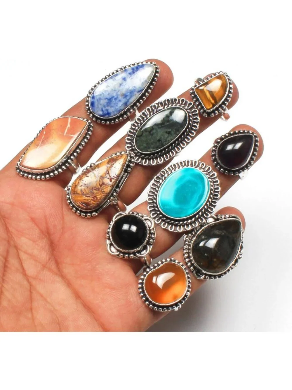 Chunky Silver Stackable Rings Set for Women - 10 Pcs Vintage Gemstone Knuckle